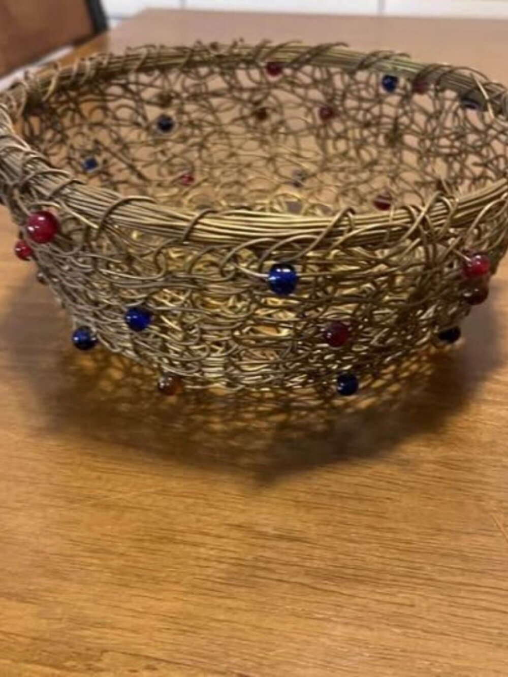 Vintage Brass Spaghetti Wire Basket Bowl Beaded (Red blue brown) Woven Metal MCM